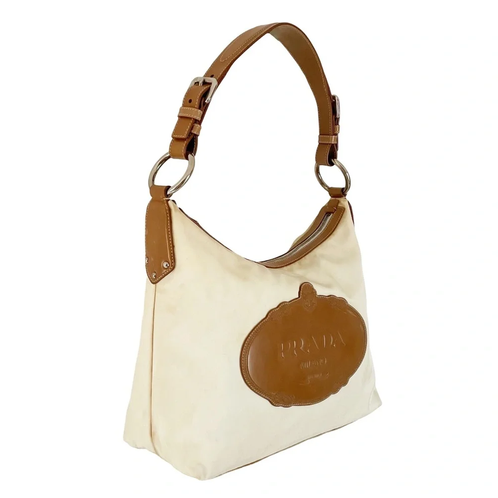 Prada white nylon camel brown leather embossed logo shoulder hobo bag